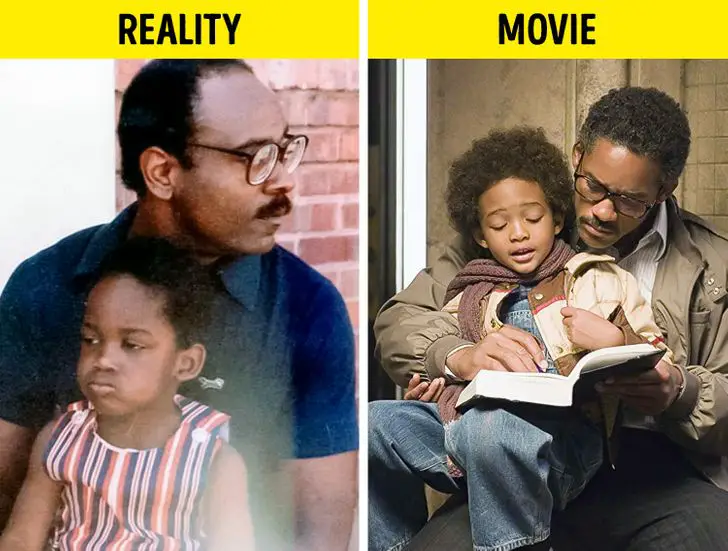 Original Chris Gardner with his son. Right side, Movie scene of The Pursuit of Happyness 